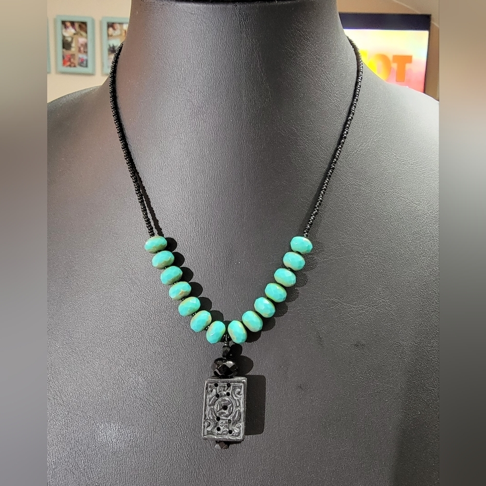 Glass Turquoise Faceted Beads Black Seed Bead Asian Charm Necklace